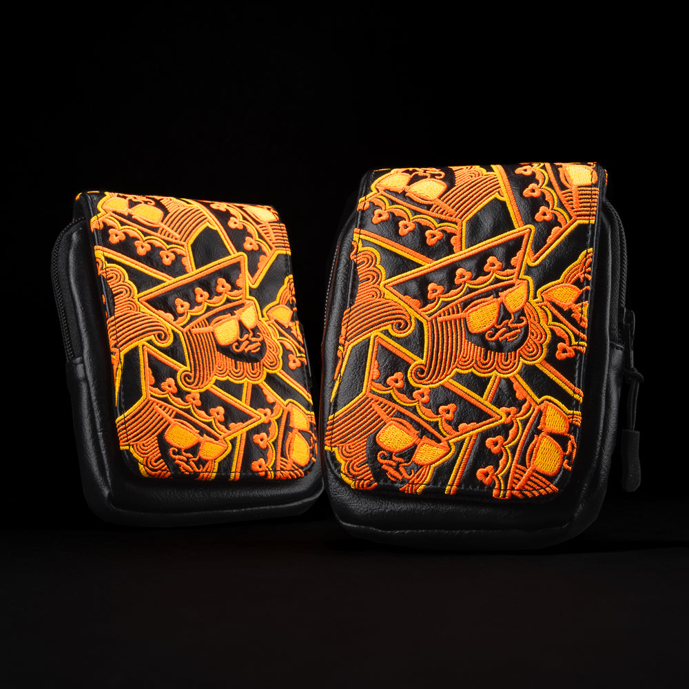 SWAG Golf stacked kings black and orange range finder case with zippered closure and magnetic embroidered flap.