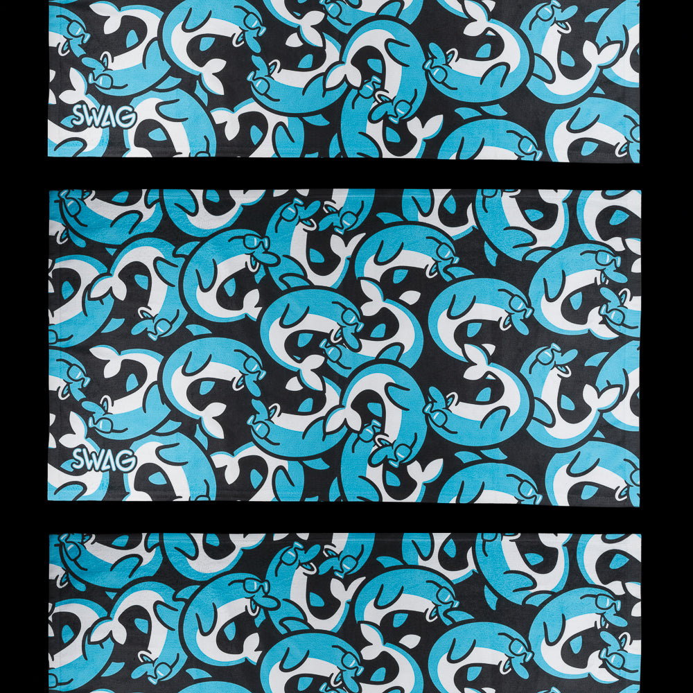 SWAG Golf stacked flipper blue, and black dolphin print golf towel accessory.