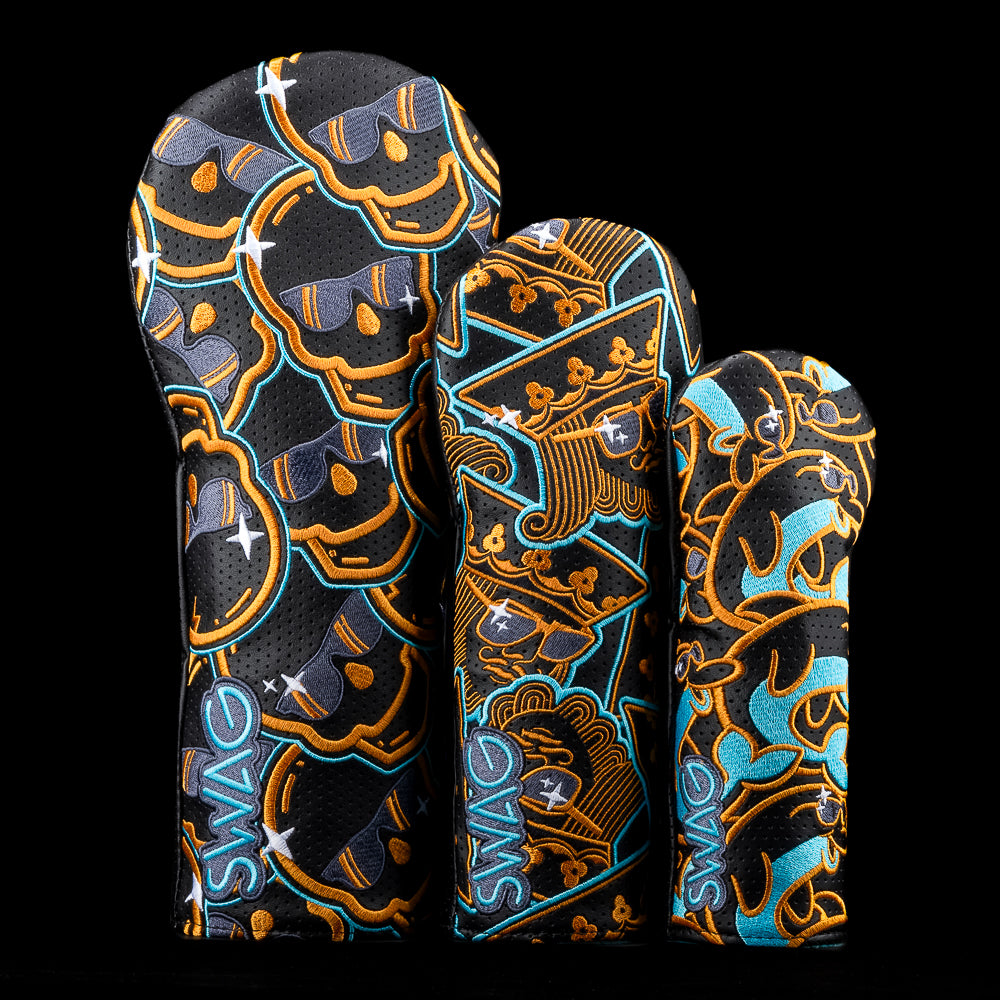 SWAG Golf stacked sparkle black, gold, and light blue golf wood headcover set that includes 1 driver, 1 fairway, and 1 hybrid.