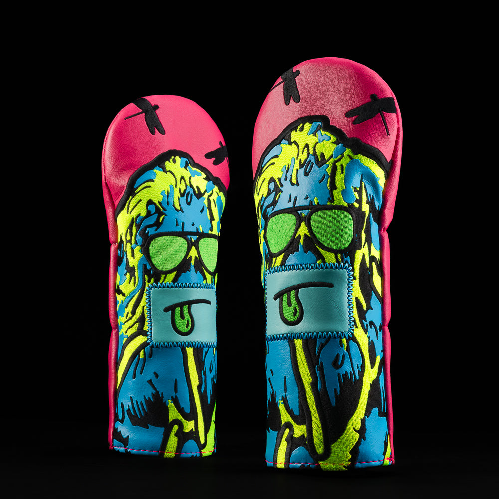 Swag Thing silly face pink, blue, and neon green fairway wood golf headcover.