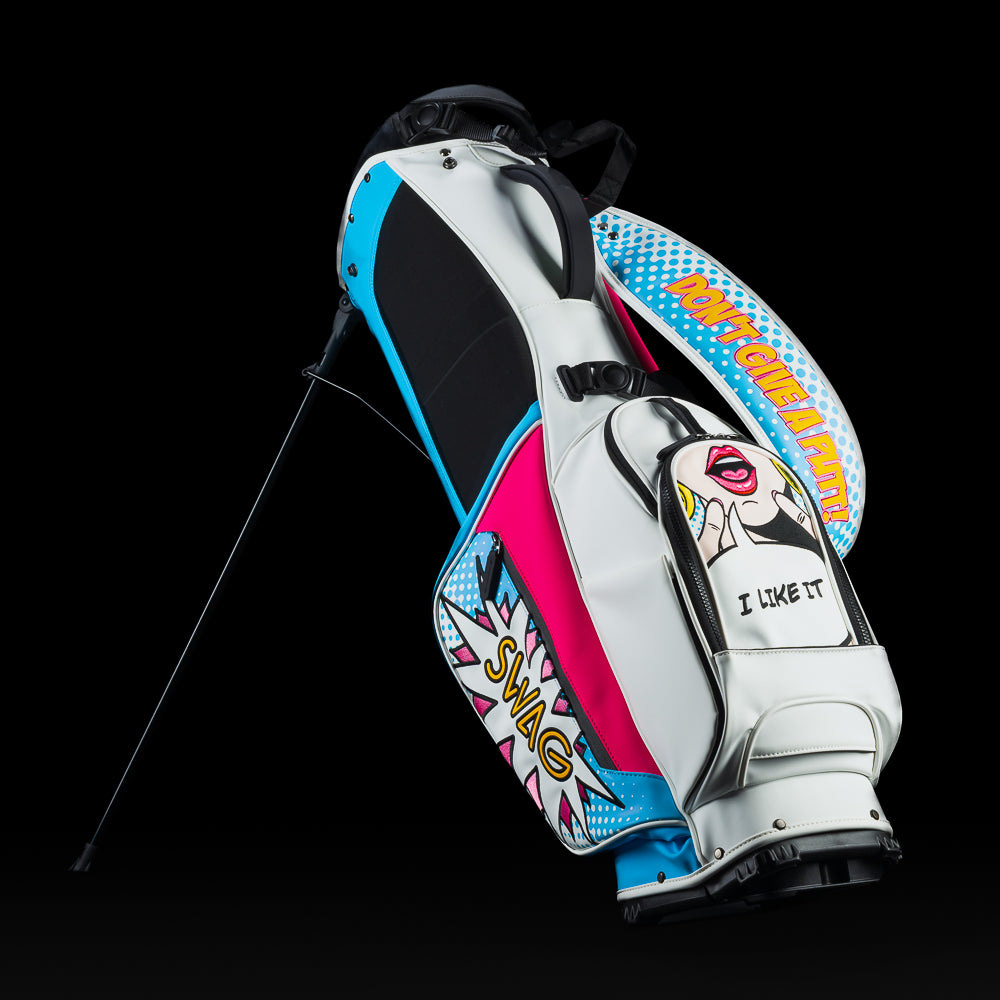 SWAG Golf Swagatha white, blue, and pink golf stand bag.
