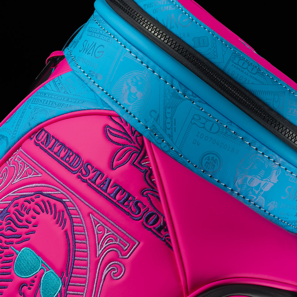 SWAG Golf Bubblegum George pink and blue dollar bill themed den caddy zippered cooler.
