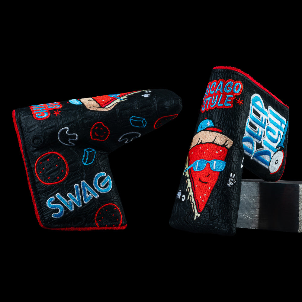 Chicago Deep Dish blade headcover with pizza character wearing sunglasses and Chicago themed icons.