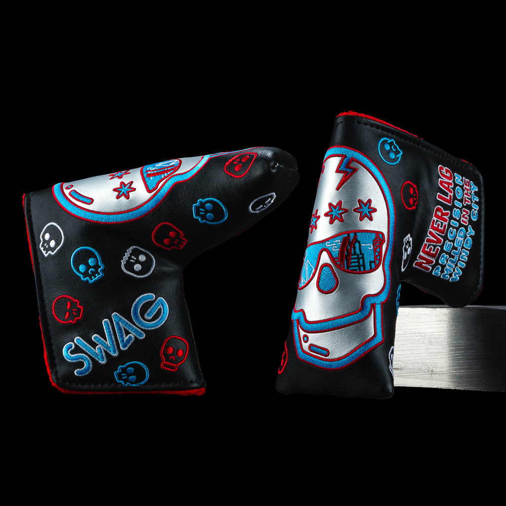 SWAG Golf blade club headcover with black, blue, red, and silver colorful designs featuring the Chicago skyline and city flag colors.