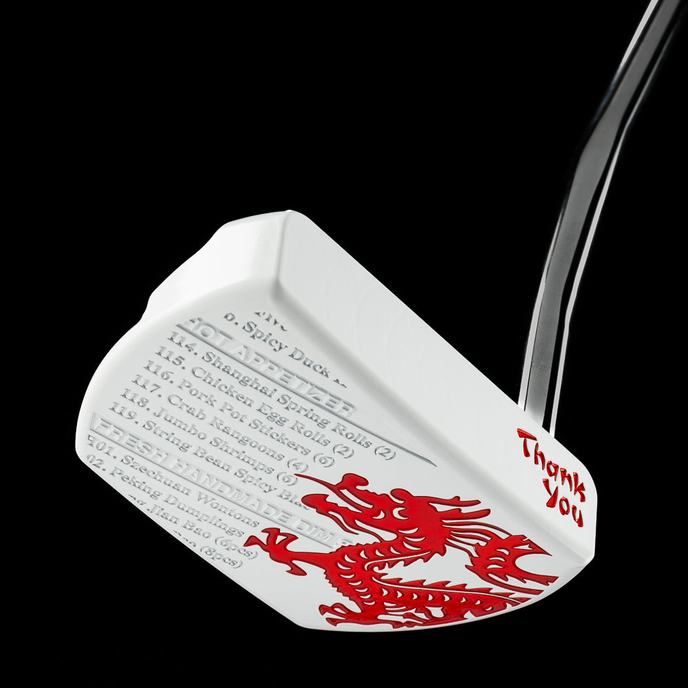 SWAG Golf Take Out The Boss 2.0 limited edition golf putter featuring a white cerakote finish, Chinese menu engraving and red handpainted dragon design.