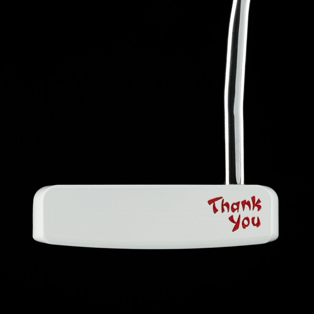 SWAG Golf Take Out The Boss 2.0 limited edition golf putter featuring a white cerakote finish, Chinese menu engraving and red handpainted dragon design.