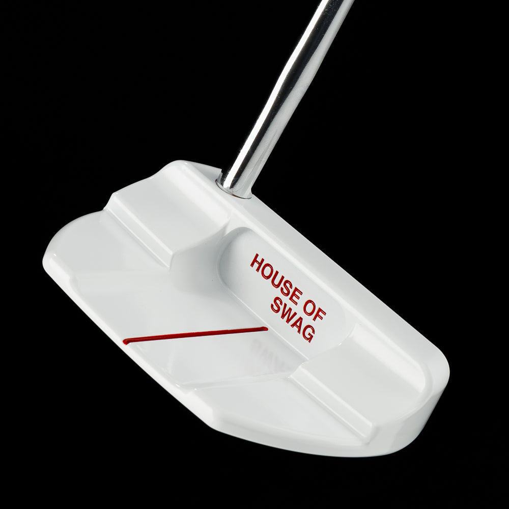 SWAG Golf Take Out The Boss 2.0 limited edition golf putter featuring a white cerakote finish, Chinese menu engraving and red handpainted dragon design.