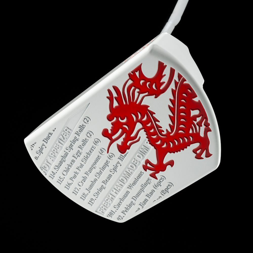 SWAG Golf Take Out The Boss 2.0 limited edition golf putter featuring a white cerakote finish, Chinese menu engraving and red handpainted dragon design.