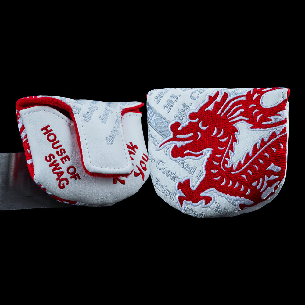 SWAG Golf Take Out The Boss 2.0 limited edition golf putter featuring a white cerakote finish, Chinese menu engraving and red handpainted dragon design.