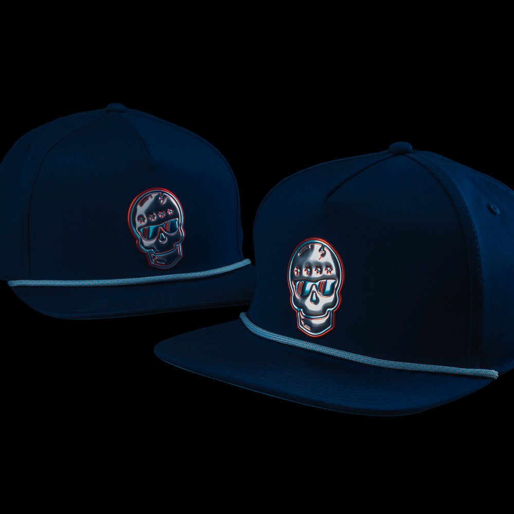 SWAG Golf navy golf rope hat with metallic skull patch with Chicago star colorway theme.
