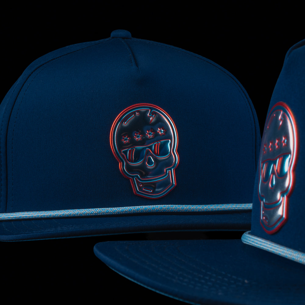 SWAG Golf navy golf rope hat with metallic skull patch with Chicago star colorway theme.