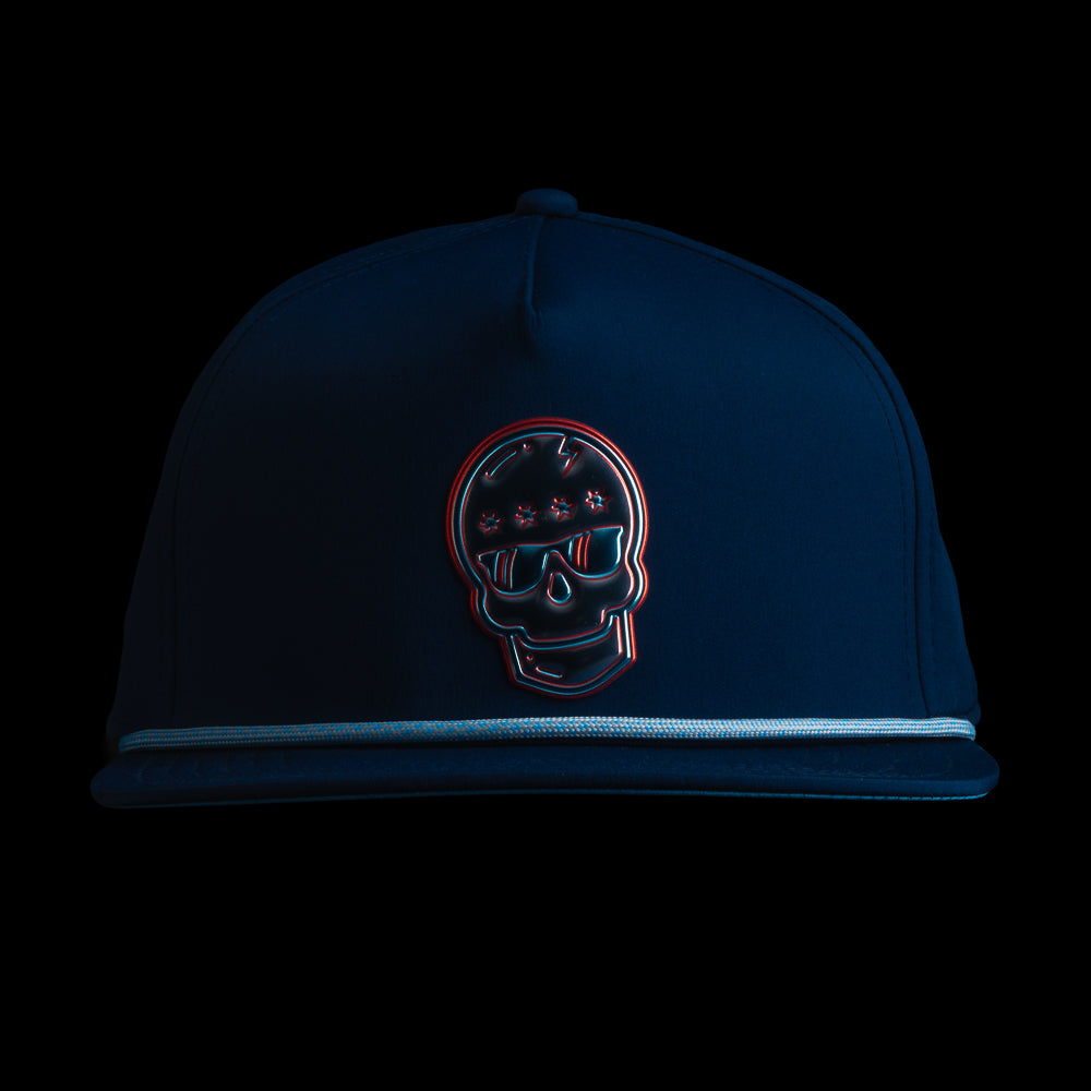 SWAG Golf navy golf rope hat with metallic skull patch with Chicago star colorway theme.