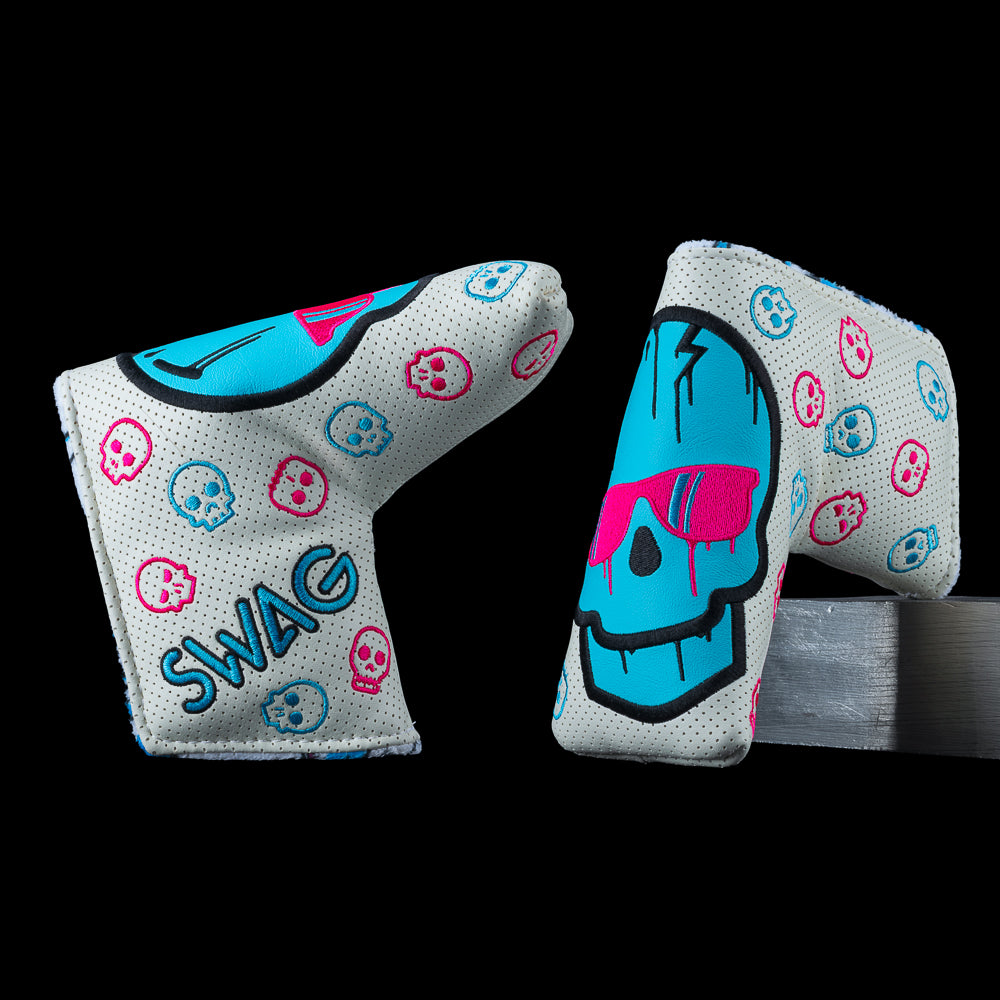 Dripping Skull Flipper blade cover with blue skull graphic and colorful pattern.