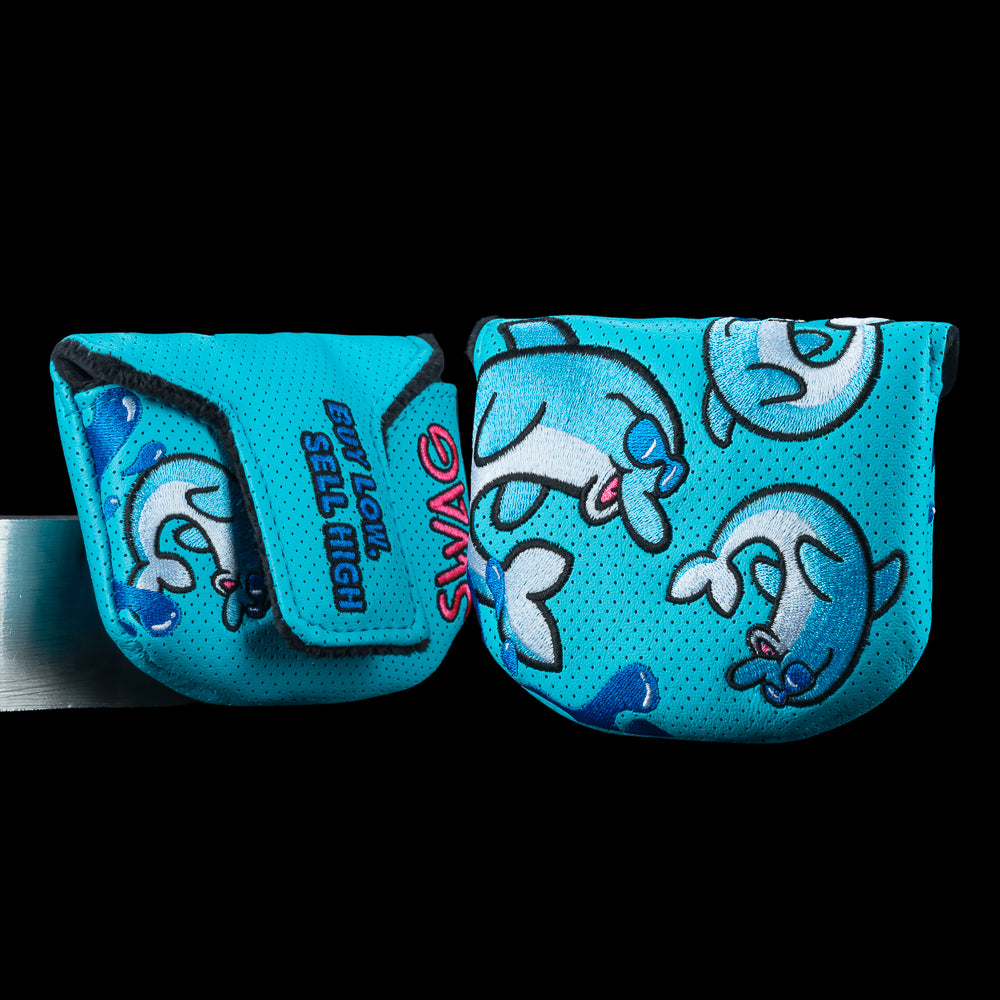 Embrace the Flipper Boss mallet headcover with blue dolphin graphics, "BUY LOW, SELL HIGH" quote, and SWAG branding.