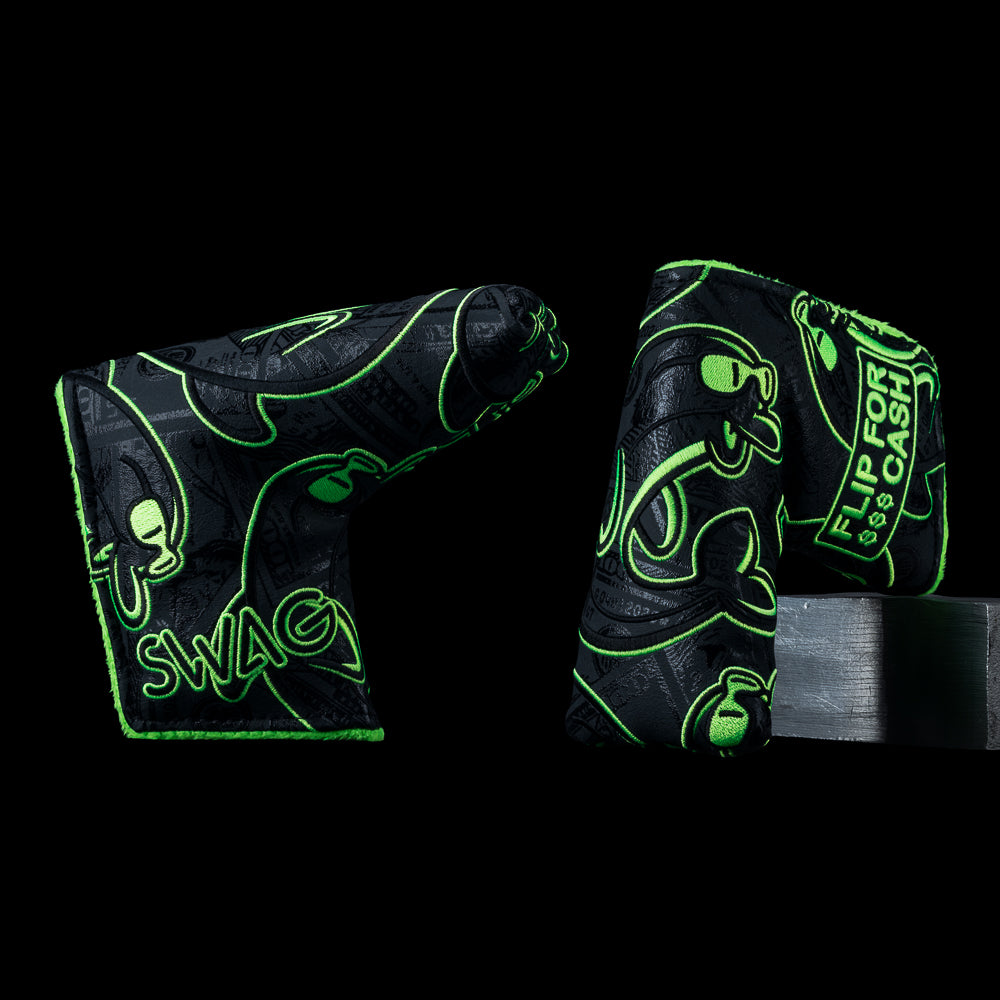 Flip for Cash blade headcover with neon green SWAG characters on dark money pattern background.