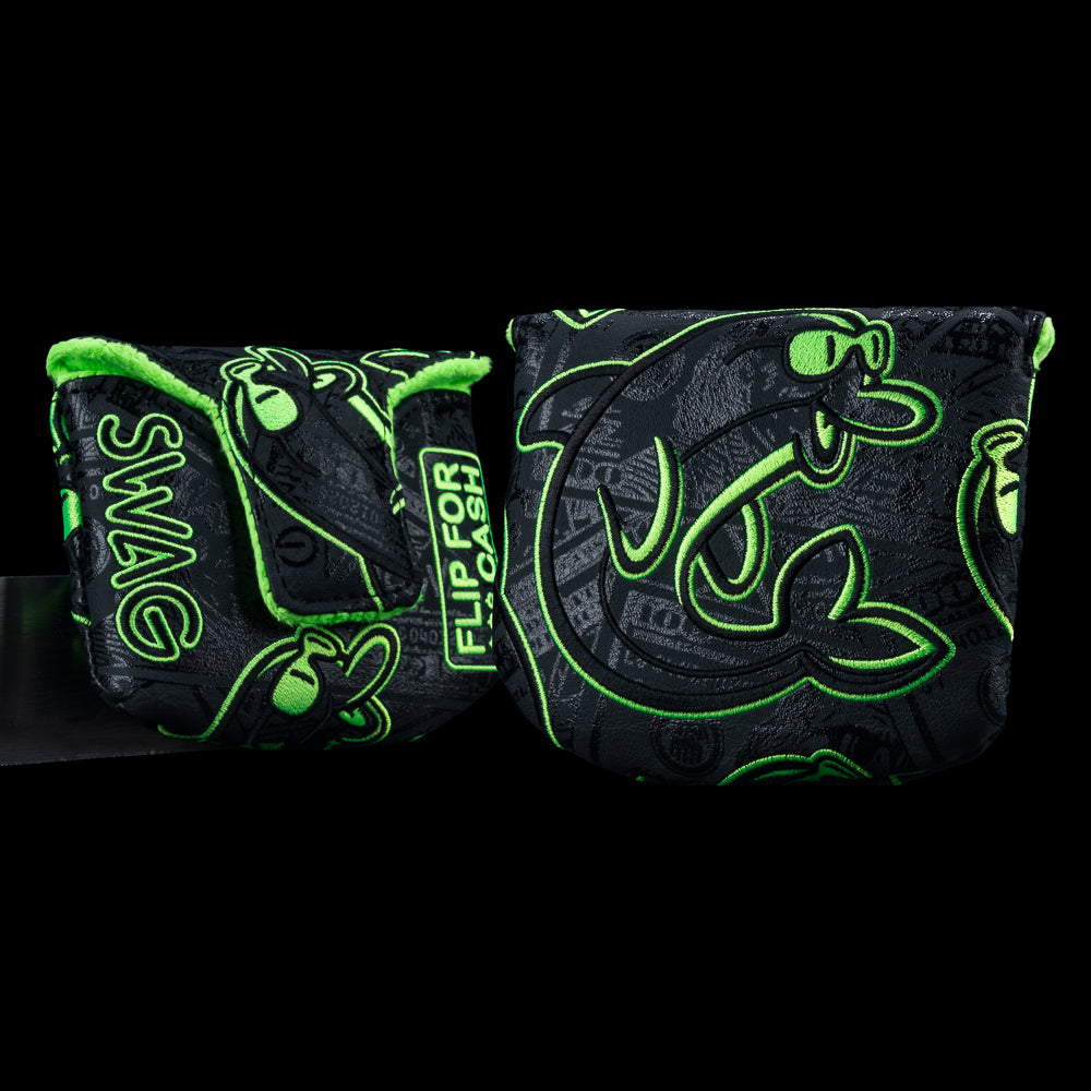 Flip for Cash mallet cover with neon green dolphins and dark cash pattern artwork.