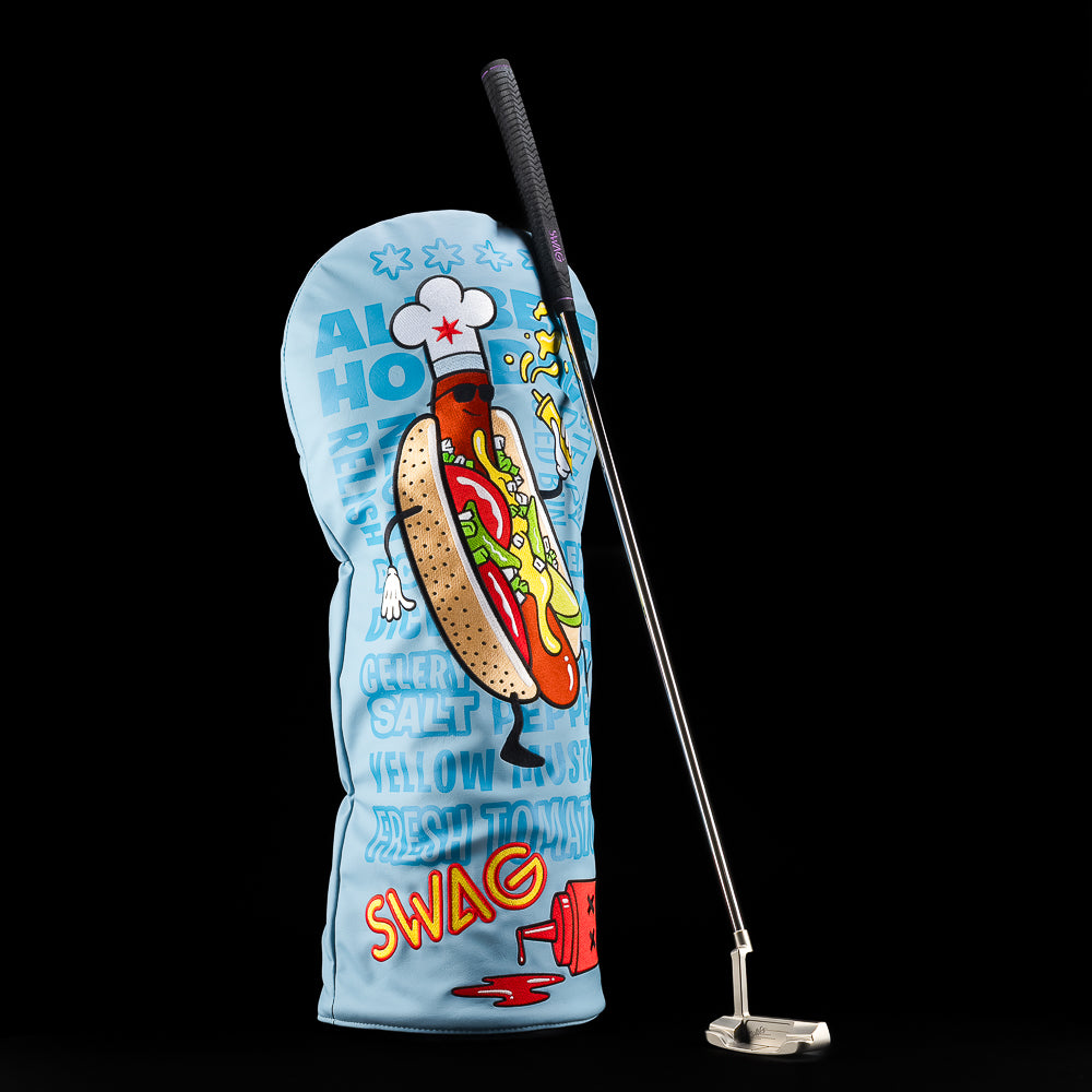 Jumbo driver cover with oversized Chicago style hot dog artwork on light blue background.