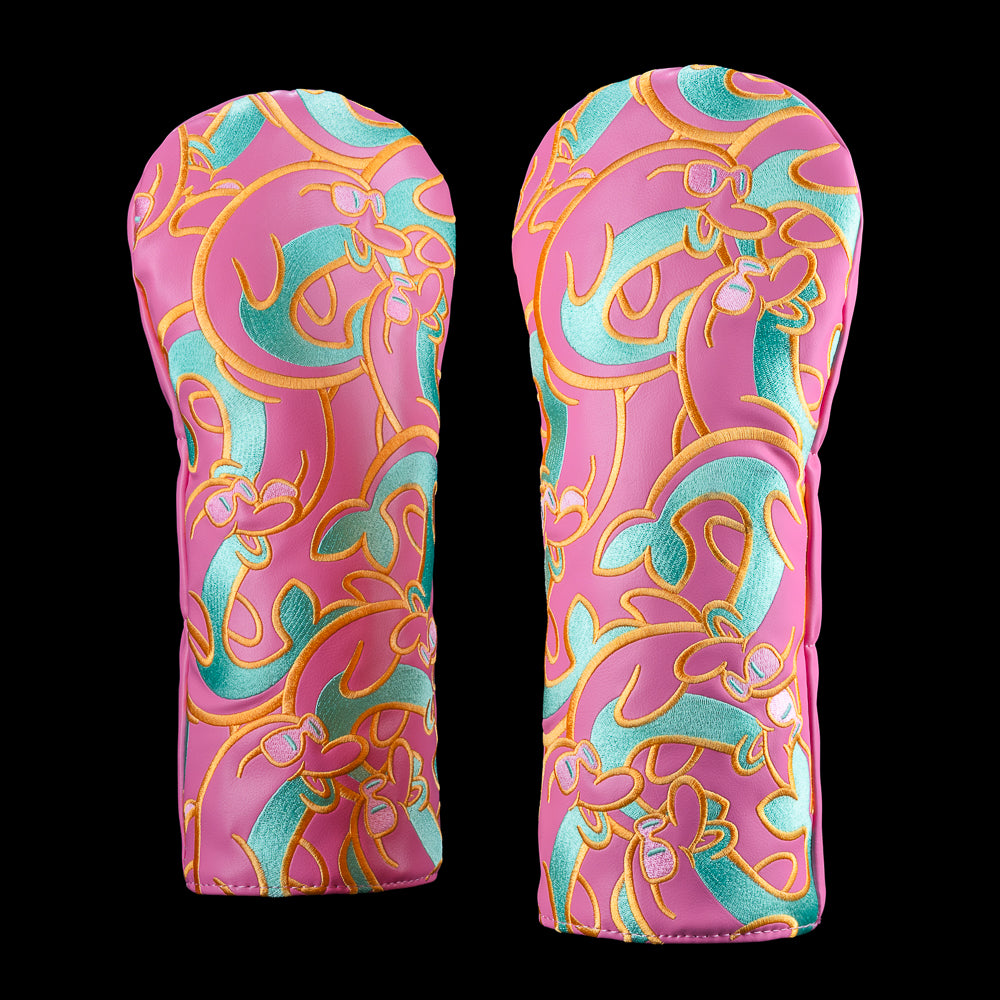 Miami Flipper driver headcover featuring pink and teal tropical pattern and SWAG logo.