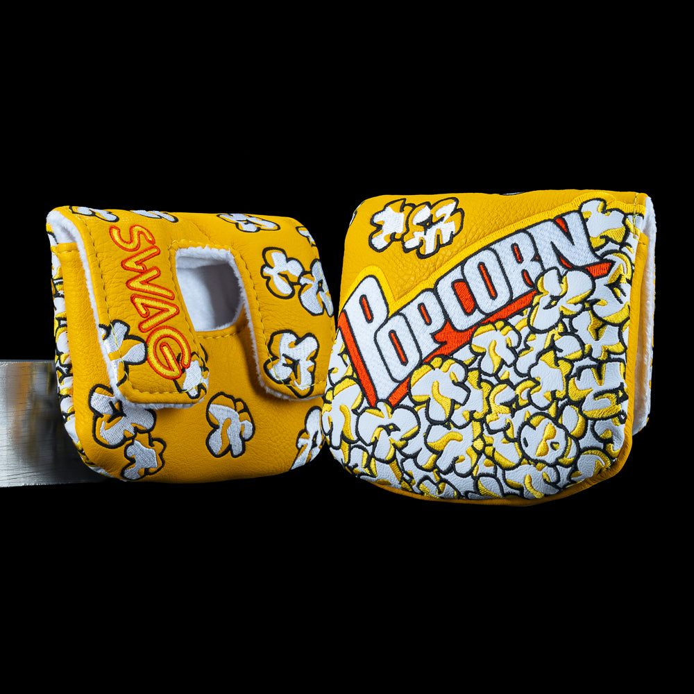 Popcorn center shaft mallet headcover with yellow popcorn pattern graphic, popcorn typography, and SWAG branding.