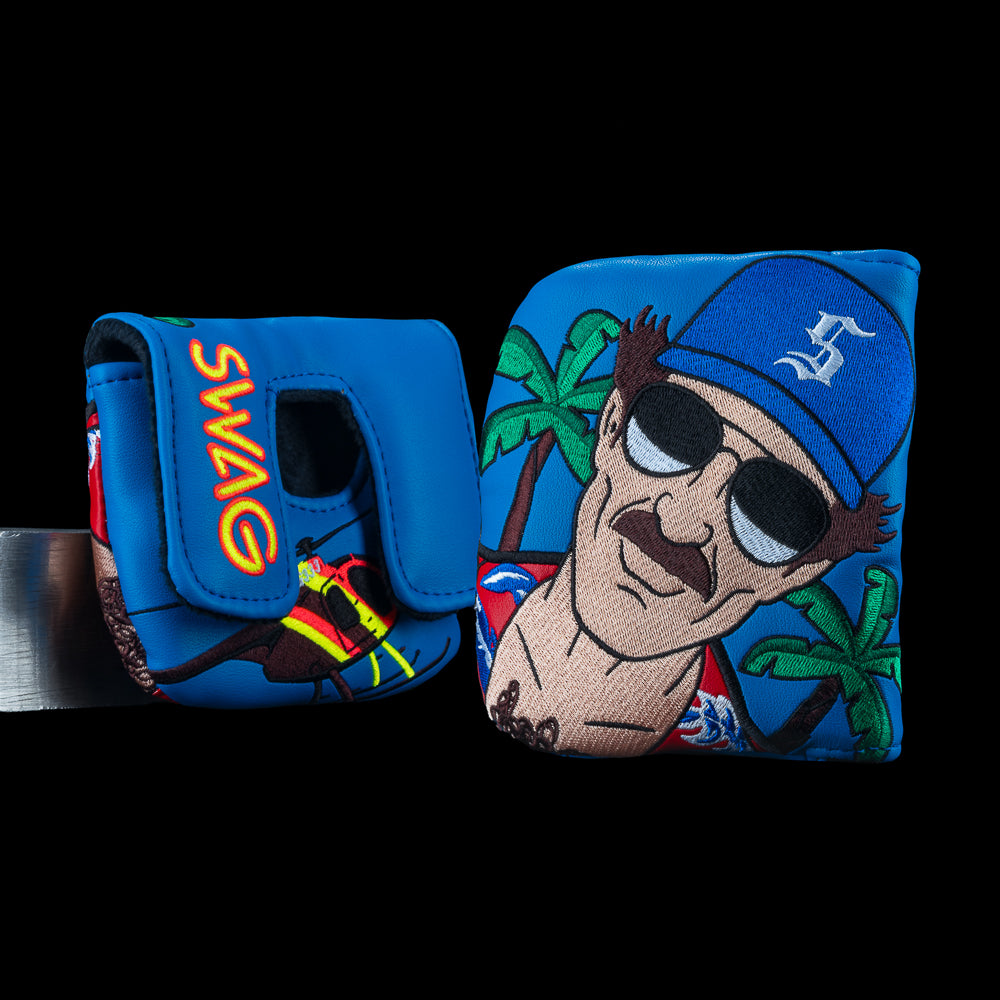 SWAG Golf Private Investigator center shaft mallet cover with mustached character and tropical scene.