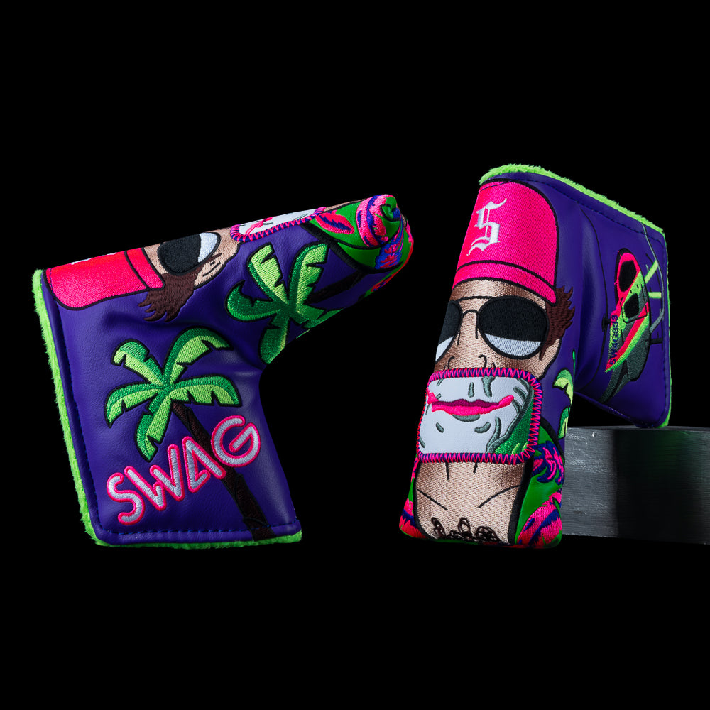 P.I. Silly Face Defaced blade headcover with purple background and tropical detective character.