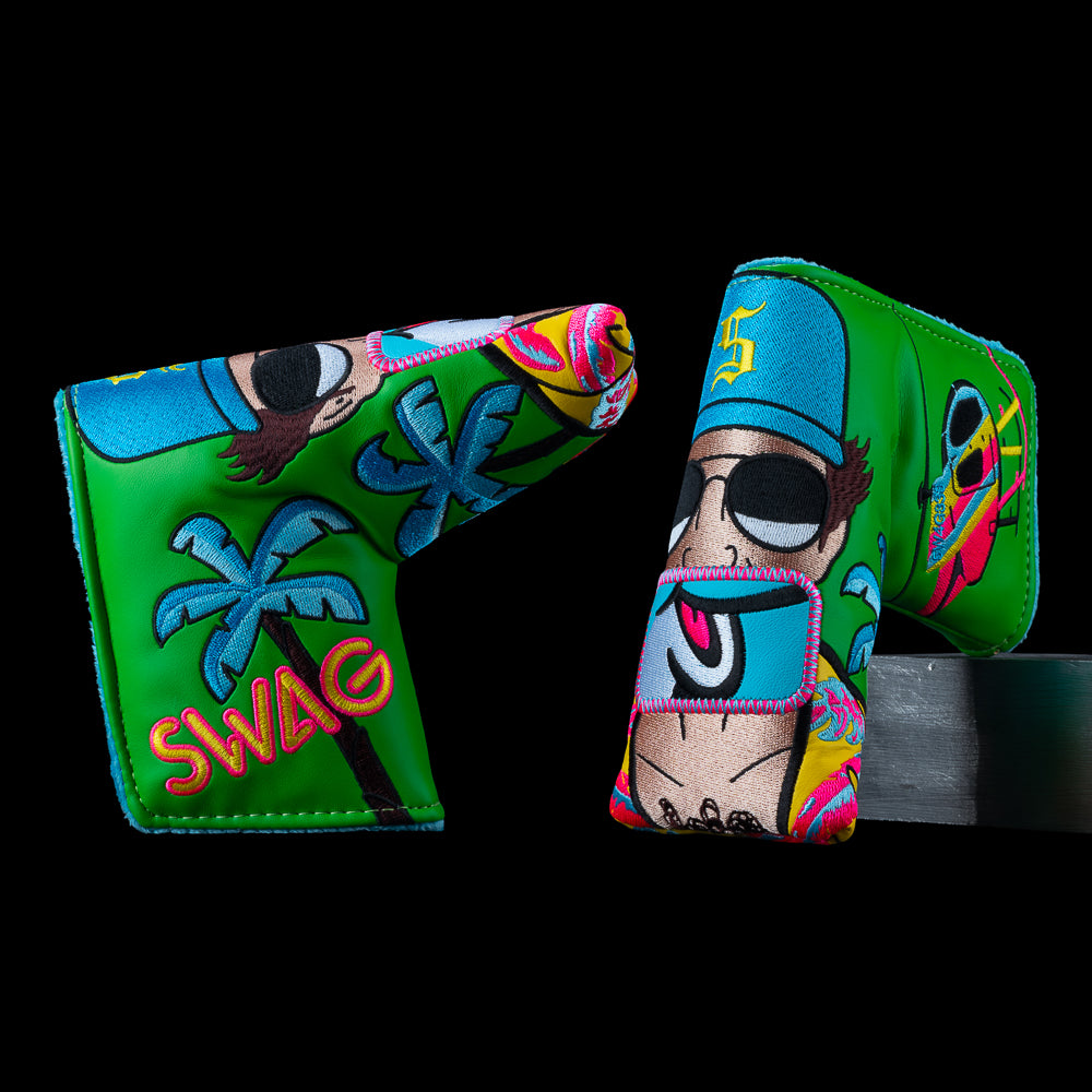 P.I. Silly Face Flipper blade headcover with green background and tropical detective artwork.