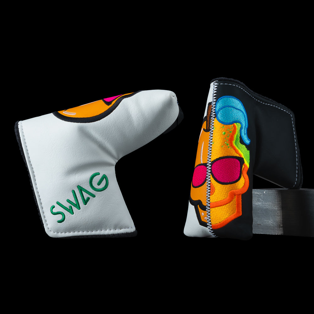 SWAG Golf Patchwork Peach Skull blade golf headcover with one half white standard peach and the other half a black radioactive peach skull design.