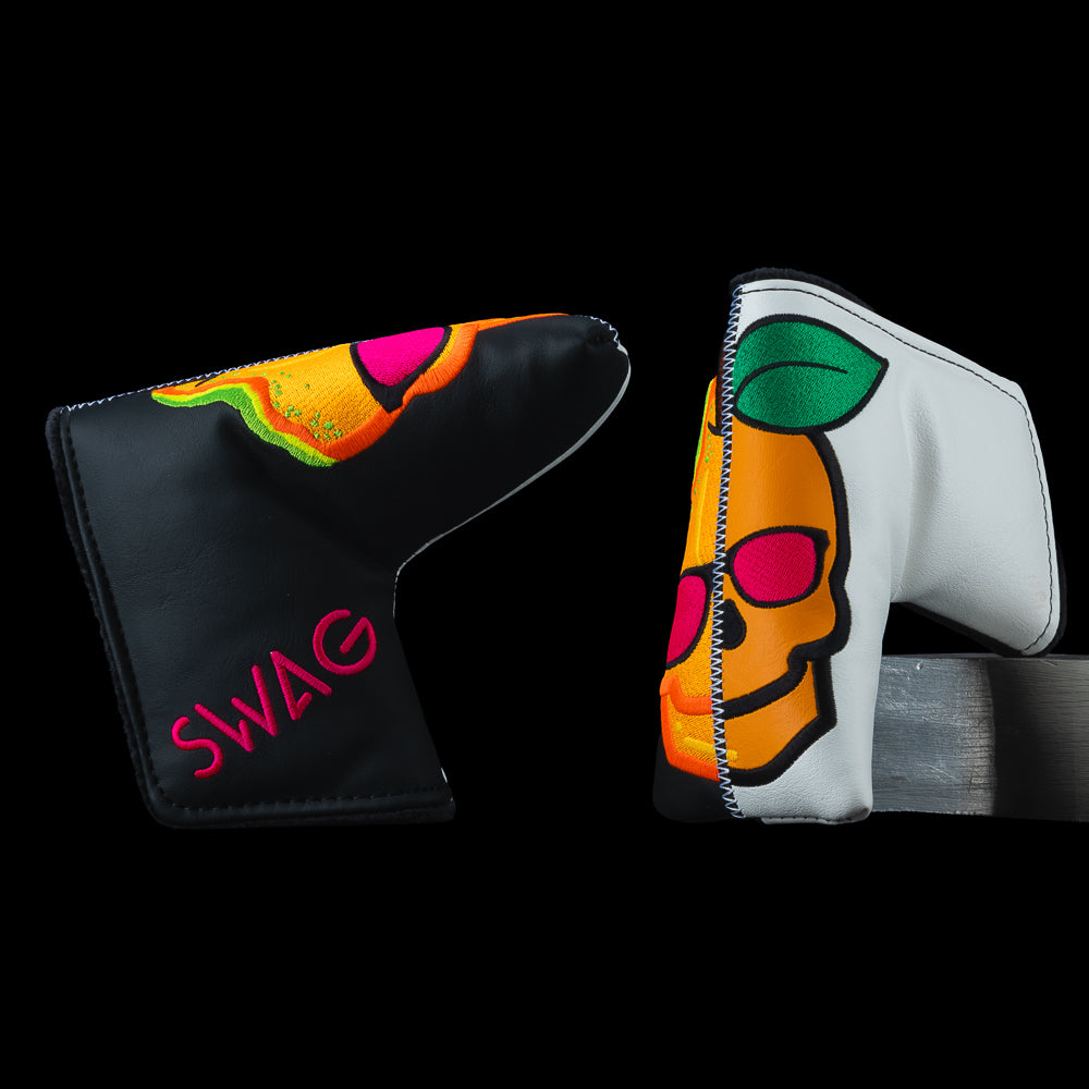 SWAG Golf Patchwork Peach Skull #2 black and white radioactive and standard blade golf headcover.