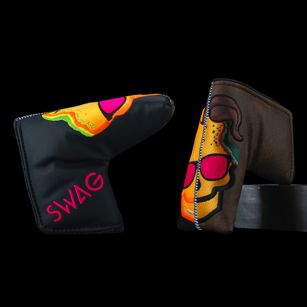 SWAG Golf half black radioactive peach and half brown rotten peach skull blade golf headcover.