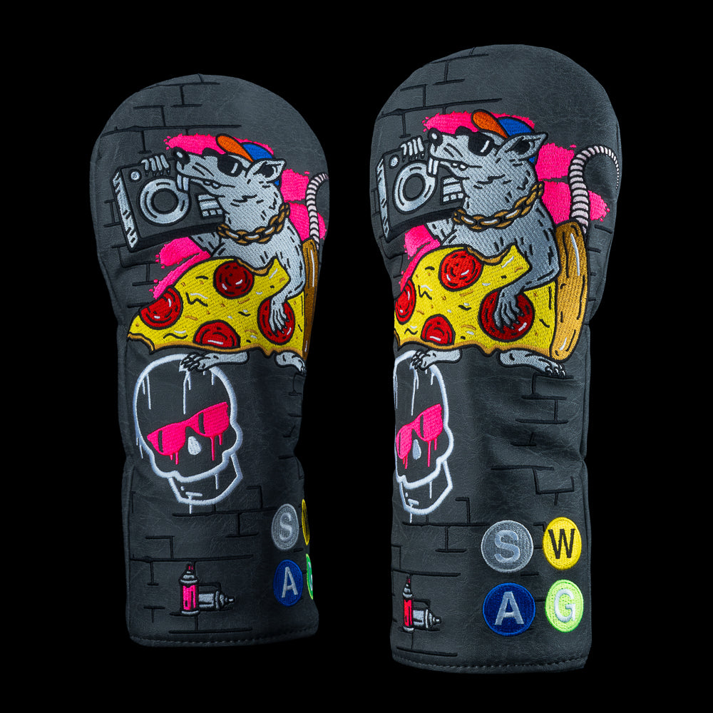 Pizza Rat driver headcover with rat holding pizza slice, graffiti skull, and SWAG branding.