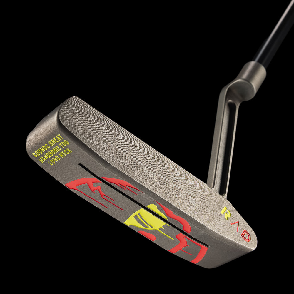 SWAG Golf RAD Handsome Too Longneck limited edition golf putter with a black oxide finish, sound slot, and red and yellow dripping skull design on the sole.
