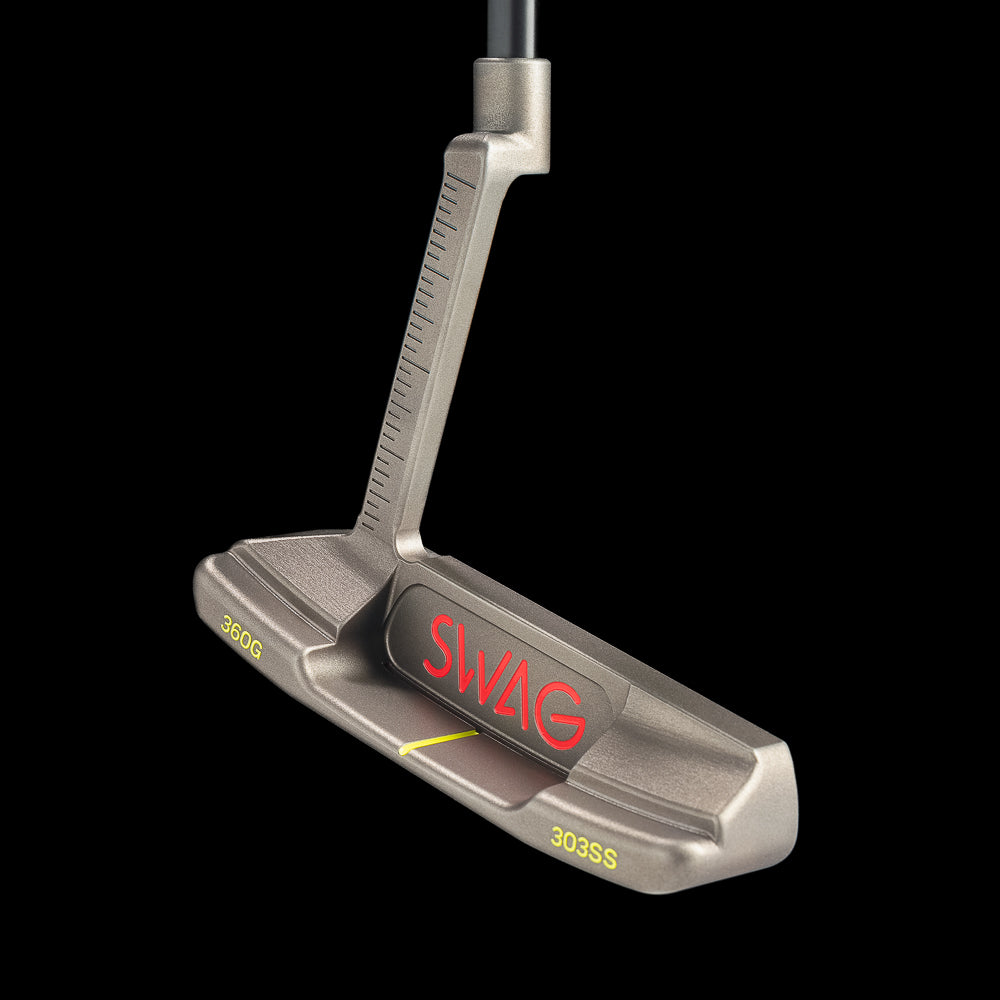 SWAG Golf RAD Handsome Too Longneck limited edition golf putter with a black oxide finish, sound slot, and red and yellow dripping skull design on the sole.