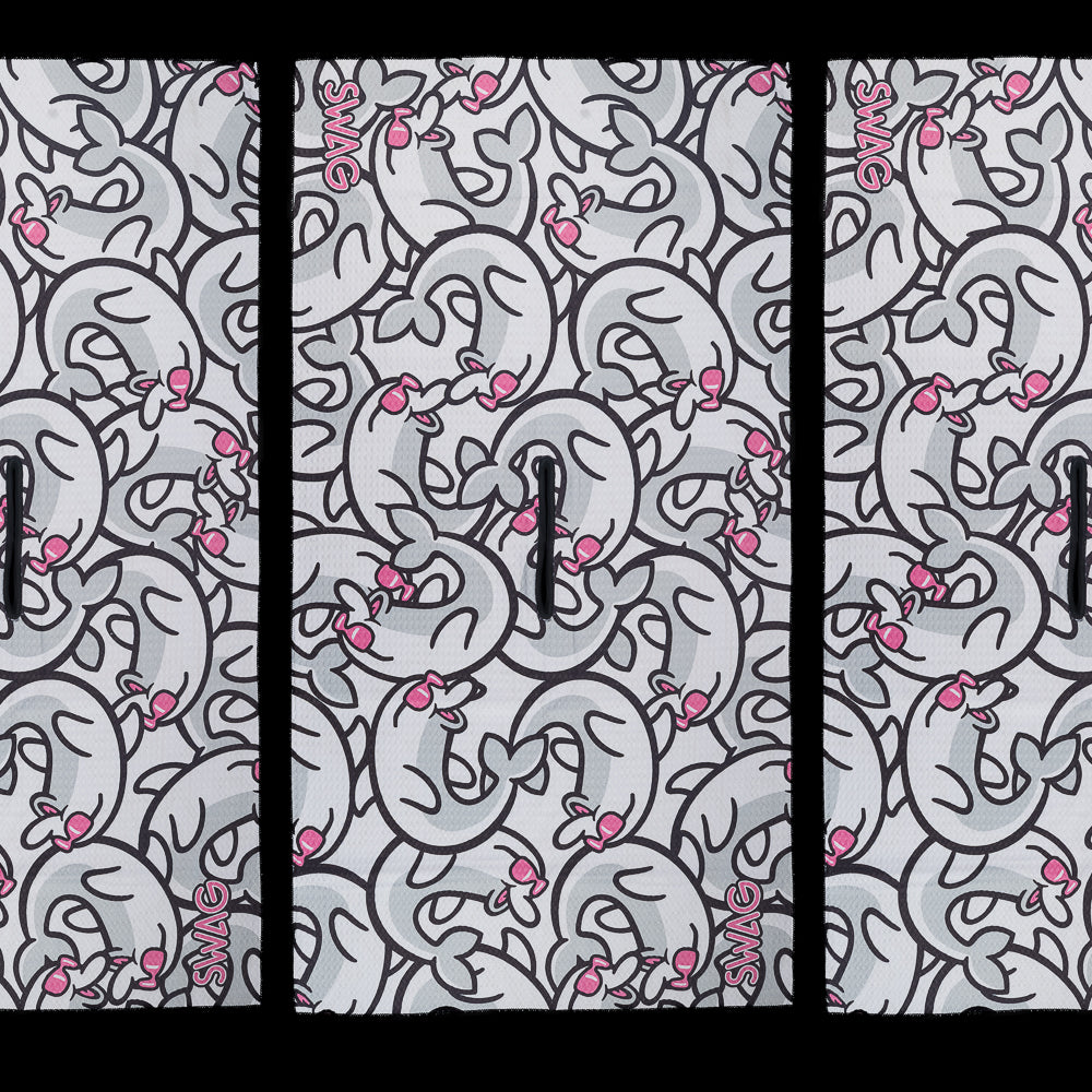 SWAG Golf Stacked Flipper towel with repeating grey flipper character pattern and pink accents on microfiber golf towel.