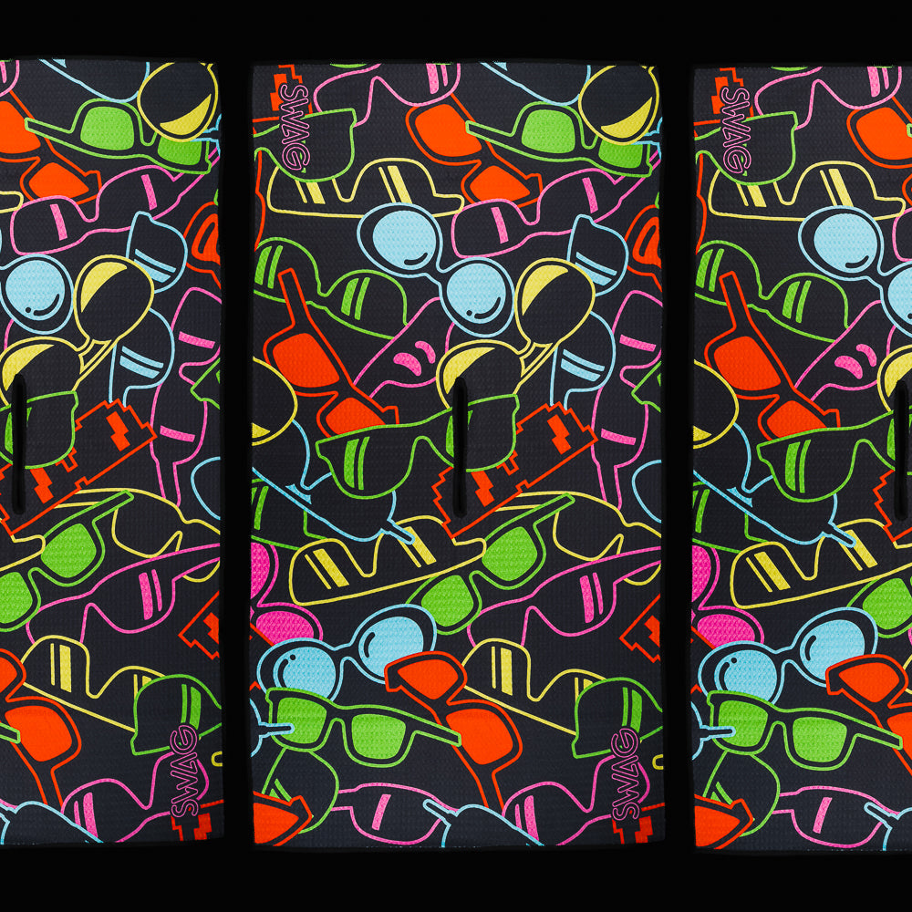 SWAG Golf Stacked Glasses towel with neon sunglasses pattern on black microfiber golf towel with colorful shades design.