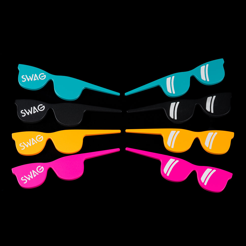 Colorful sunglasses theme golf divot tool with 'SWAG' text on a black background