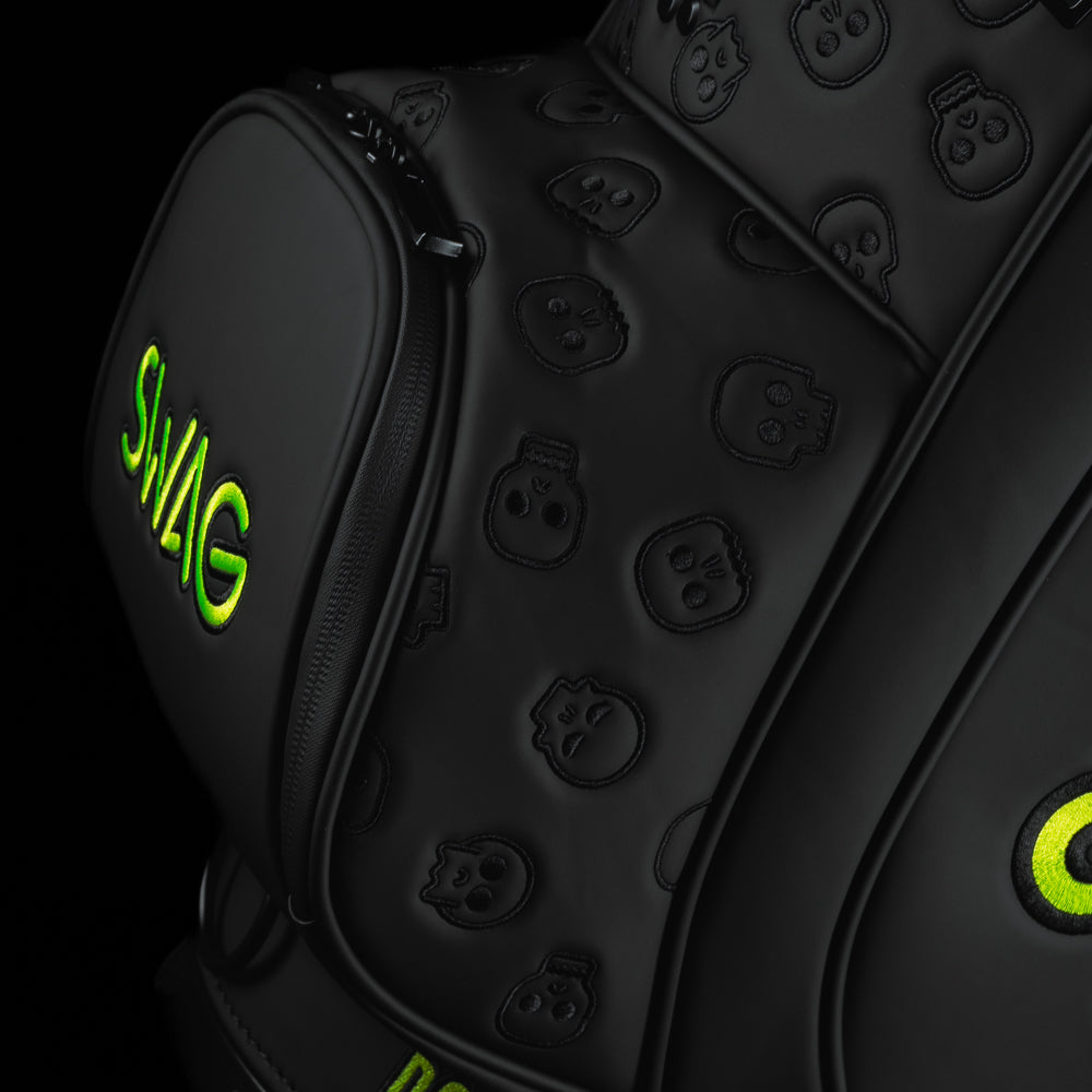 SWAG Golf OG Skull black and neon yellow den caddy zippered cooler with signature skull and Don't Give A Putt mantra.