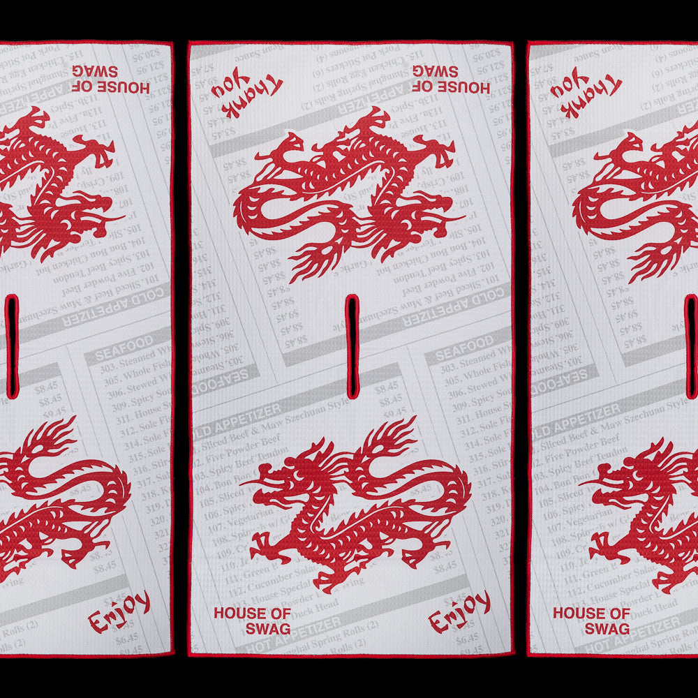 SWAG Golf Takeout Menu towel with red dragon graphics and Chinese takeout menu design on white microfiber golf towel.
