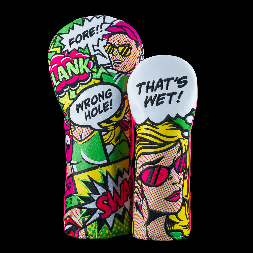 SWAG Golf Tales From the Fairway No. 2 headcovers with comic pop art panels, speech bubbles, and bright neon graphics.