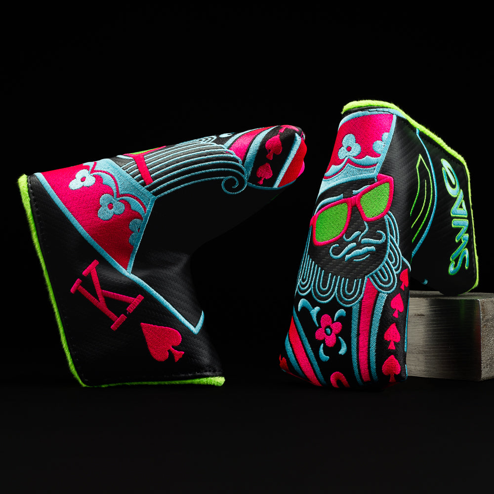 Big King black with blue, neon green and magenta blade putter golf club headcover made in the USA.
