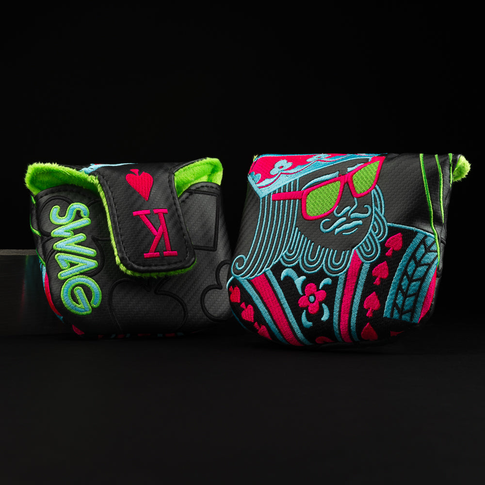 Big King black, neon green, teal and magenta mallet putter golf club head cover made in the USA.