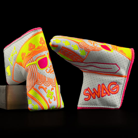 Neon Orange Bolt King with neon yellow and magenta blade putter golf club head cover made in the USA.