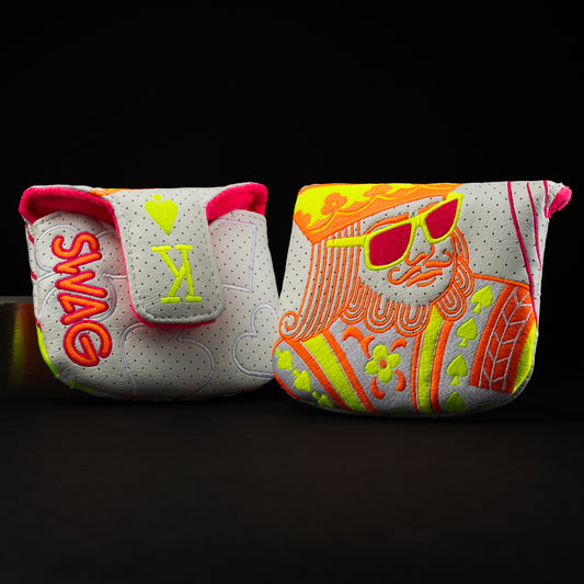Neon Orange Bolt King with neon yellow and magenta mallet putter golf club head cover made in the USA.