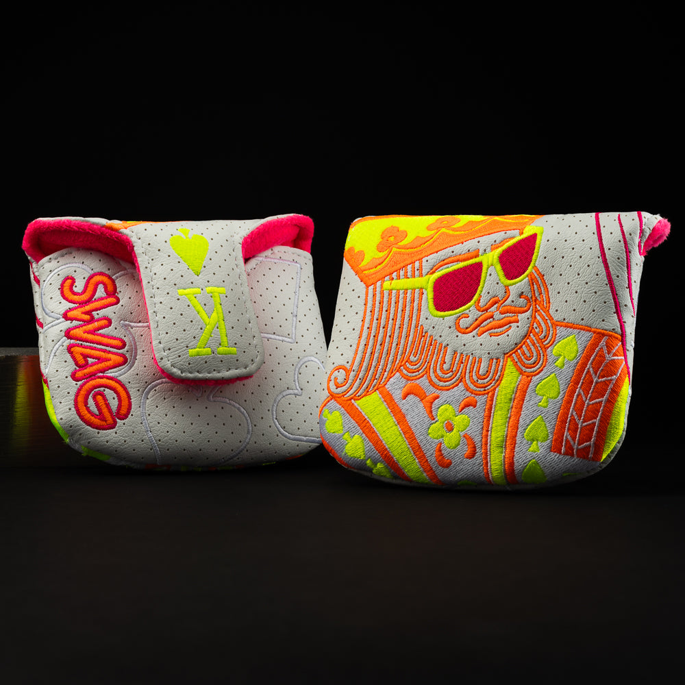 Neon Orange Bolt King with neon yellow and magenta mallet putter golf club head cover made in the USA.