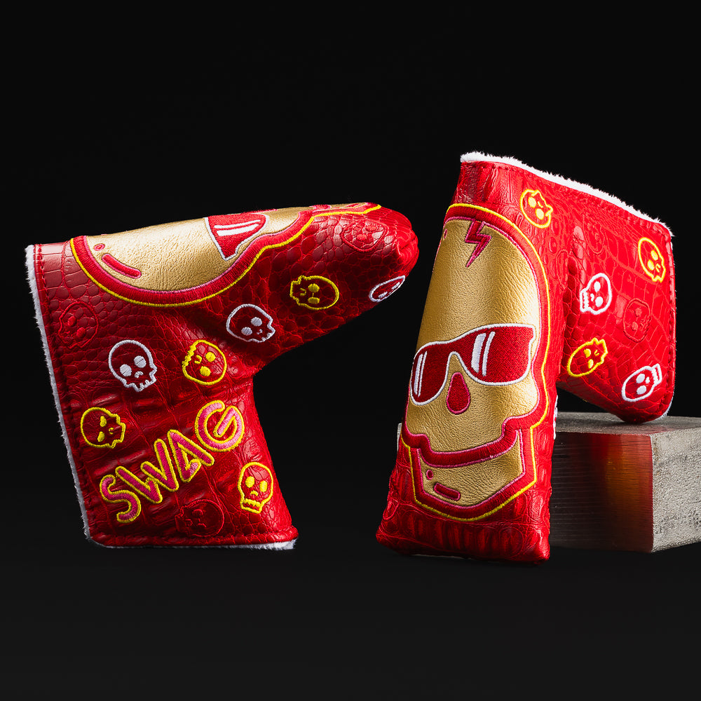 Gilded Scarlet gold Skull with red, white and yellow blade putter golf club headcover created in the USA.