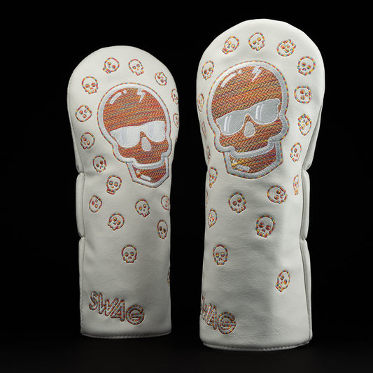 Swag Golf white and herringbone fabric skull driver golf headcover made in the USA.