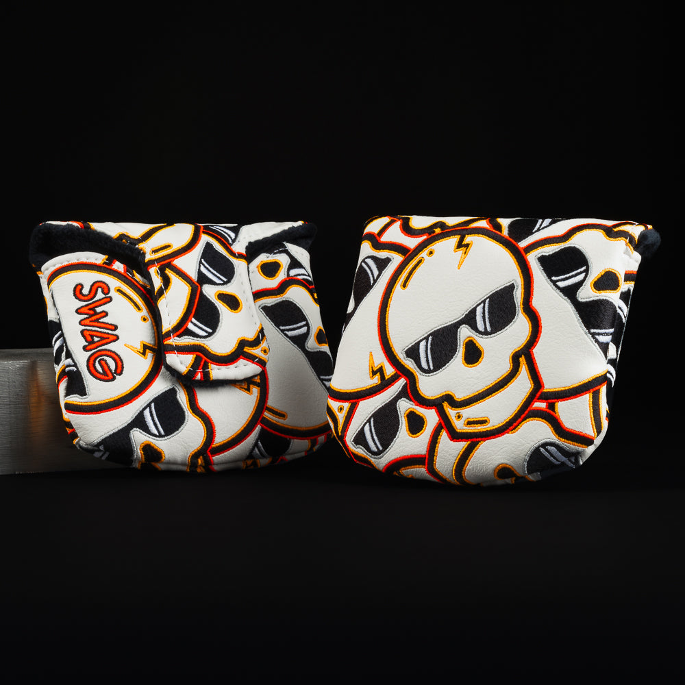 Swag stacked skulls white, black, and orange mallet putter golf headcover made in the USA.