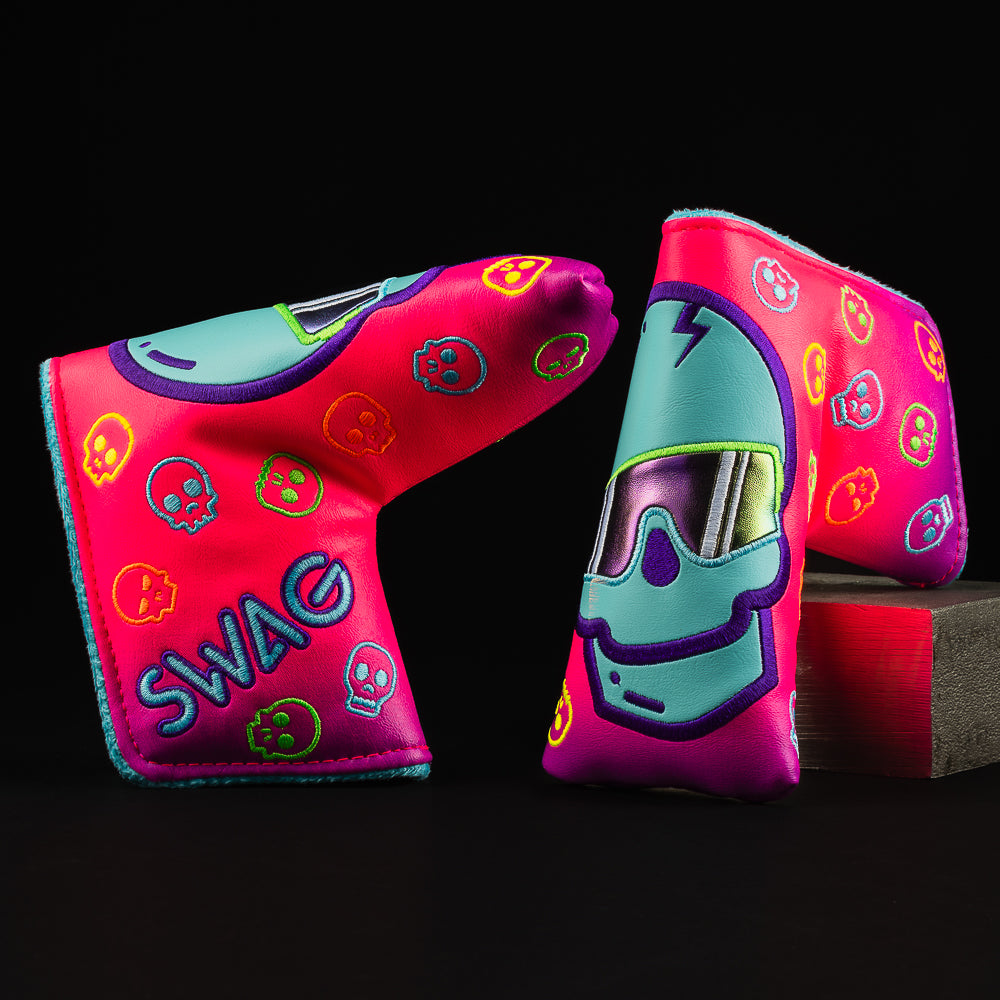 Putt viper skull swagenta, blue, and purple blade putter golf headcover made in the USA.