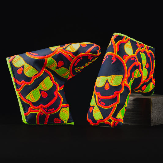 Thermal stacked skulls navy, green, yellow, and red blade putter golf headcover made in the USA.