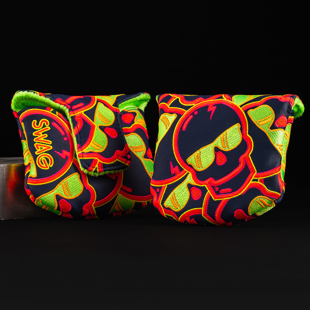 Thermal stacked skulls navy, green, yellow, and red mallet putter golf headcover made in the USA.