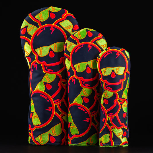 Thermal stacked skulls navy, green, yellow, and red golf woods headcover set made in the USA.
